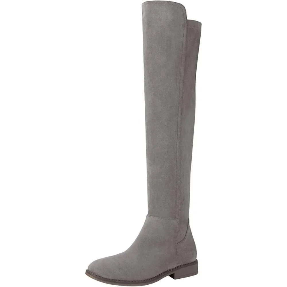 Women Grey Suede Thigh High Over The Knee Flat Low Heel Long Round Toe Boots